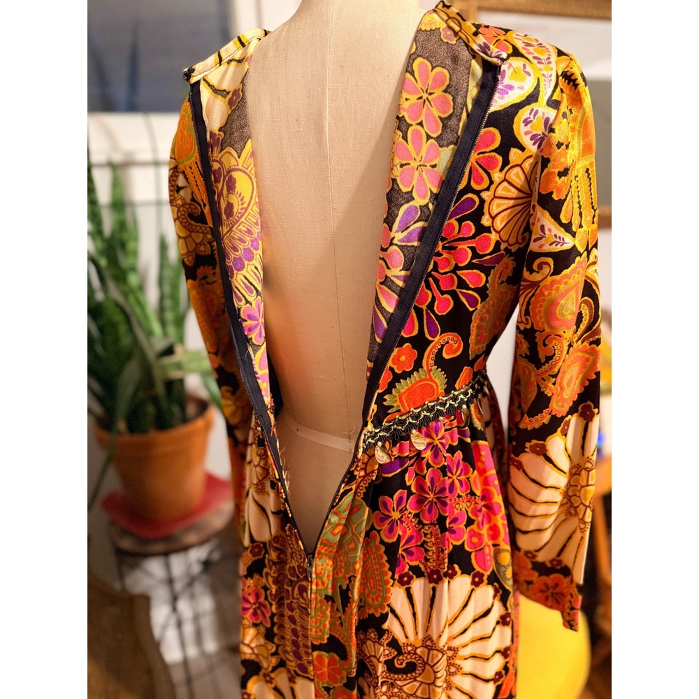 Vintage 1970s Maxi Tunic Dress High Slit Satin Boho Floral Print Long Sleeve - M - Picture 9 of 10